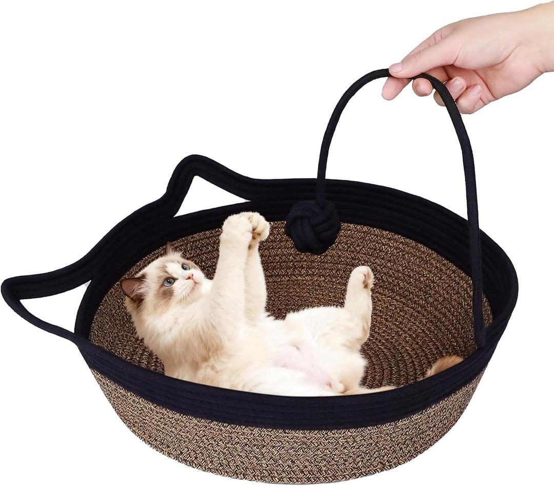 Cotton Rope Woven Cat Bed Basket, Hand Woven Cat Bed with Toy Tail, Dogs Sofa Bed, Pet Sleeping Bed Basket for Indoor Cats, Puppies, Rabbits (Medium, Black & Brown)