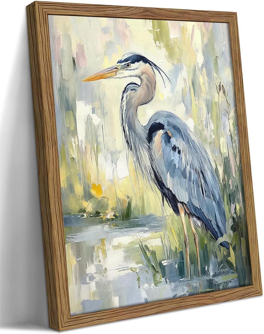 Framed Blue Heron Wall Art, Vintage Coastal Bird Pictures Wall Decor, Nature Wildlife Animal Oil Painting, Rustic Wetland Landscape Canvas Prints for Living Room Bathroom Bedroom – 16x24in