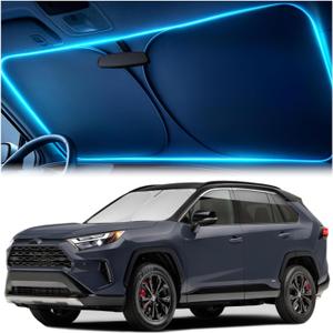 Windshield Sun Shade for Toyota RAV4 2019 2020 2021 2022 2023 2024 2025 Custom Fit Sun Shield with Mirror CutOut, Blocks Heat & UV, Foldable with Storage Pouch - Toyota RAV4 Windshield Sunshade