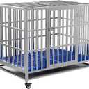 Collapsible Stainless Steel Dog Crate, 30" 37" 42" 48" Sizes, Lockable Wheel, with Tray, Stackable, Heavy Duty, Divider, Indoor and Outdoor (37in)