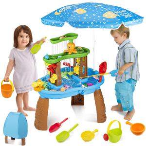 Water Table for Toddlers 3-5 with Umbrella Outdoor Toys for Kids Ages 4-8 3-Tier Kids Sand Water Table with Fishing Game Set Activity Sensory Table Summer Gift Beach Outside Toys for Toddlers