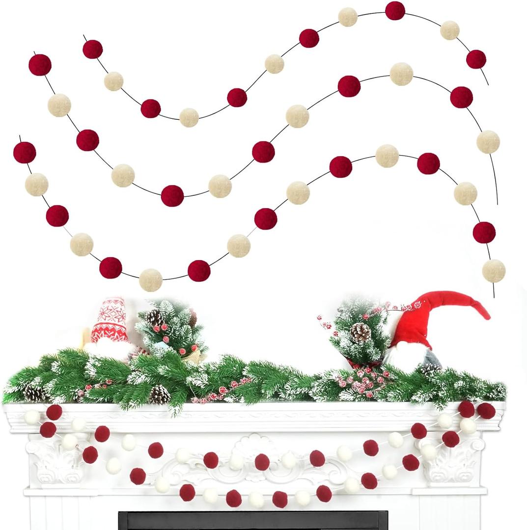 TBD Decor 3pk Red Pom Pom Garland 20FT Colorful Large Felt Ball Garland for Mantle,Indoor Holiday Wedding Birthday Party Supplies