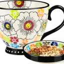 JUSONEY 18OZ Handpainted Ceramic Soup Bowls with Snack Serving Tray,with Vintage Floral Embossed Design Microwave Safe, Large Handle & Thick Base, Perfect for Cereals, Fruits,Soup,nut,Snack etc.(B)