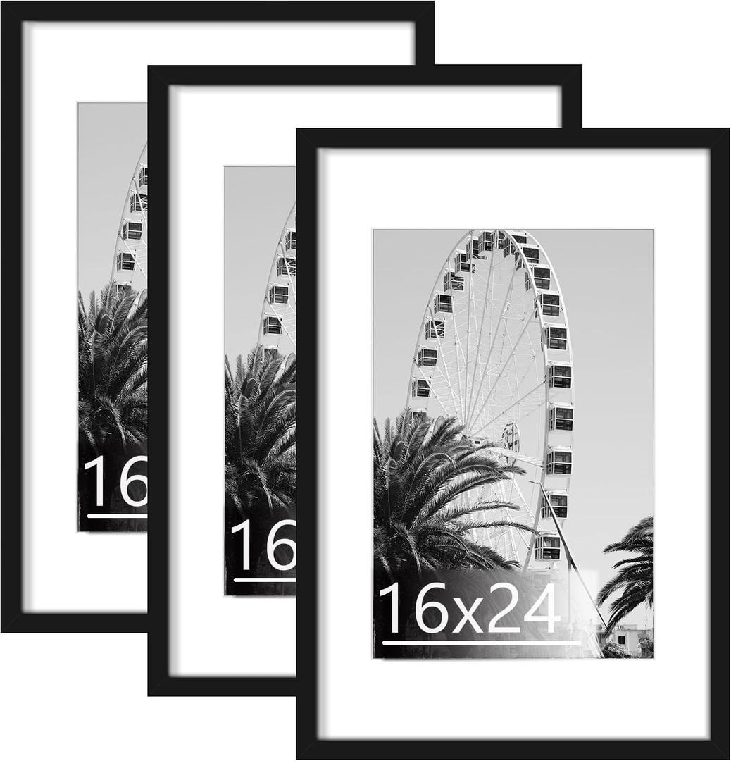 Abtgt 16x24 Frame Set of 3, Display Pictures 12x18 with Mat or 16 x 24 without Mat, Poster Frames for Vertical & Horizontal Wall Hanging Display, Black