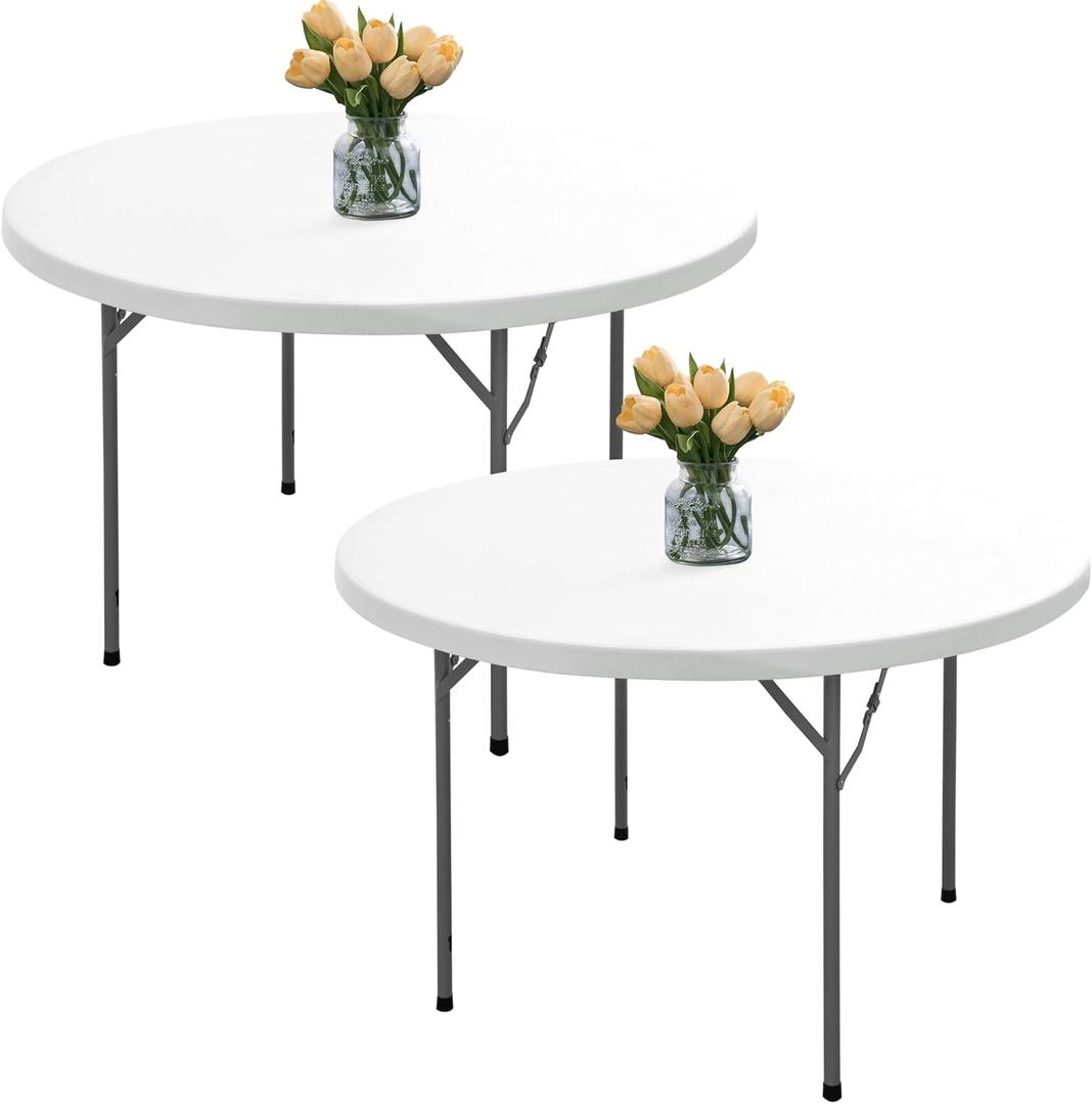 Fitted Round Table Cover with Elastic - 2 Pack White Round Tablecloths 60 Inch, Windproof & Non-Slip Dining Circle Table Protector for Outdoor Picnic, Party, Event