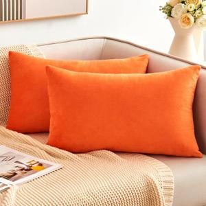 Fall Orange Throw Pillow Covers Decorative Velvet Set of 2 12x20 Inch Pillow Covers, Burnt Orange Lumbar Pillowcases for Couch Sofa Bed Living Room, Farmhouse Boho Decor, Accent Cushion Cover