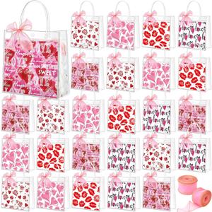 Hosuly 50 Pcs Valentines Clear Gift Bags Bulk Heart Rose Valentine PVC Treat Bags with Handles Ribbon 5 Styles Reusable Plastic Galantines Tote for Party Favors Gift Exchange