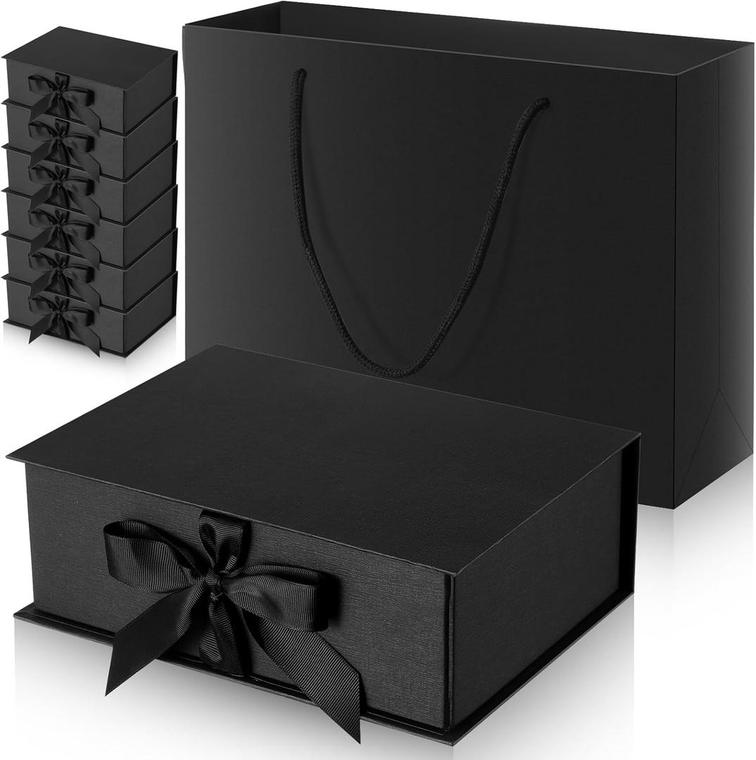 Jetec 10 Set Black Gift Boxes 9.8 x 7 x 3.3 Inch Collapsible Present Boxes with Lids Ribbon Paper Bags for Father's Day Mom Teacher Birthday Wedding Gifts(Black)