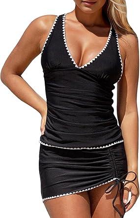 Saodimallsu Womens Tummy Control Tankini Swimsuits 2 Piece V Neck Criss Cross Drawstring Skort Bottom Bathing Suits Size S