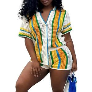 Symina Summer 2 Piece Short Sets For Women Crochet Short Sleeve Shirt and Shorts Matching Set Vacation, L