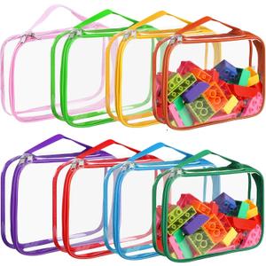 8 Packs Toy Storage Bags with Zipper, Clear PVC Organizing Bags, Reusable Toy Storage Organizer with Portable Handle, Travel Waterproof Organizer Bags for Building Blocks, Puzzle, Toys and Books (Small, Multicolor)