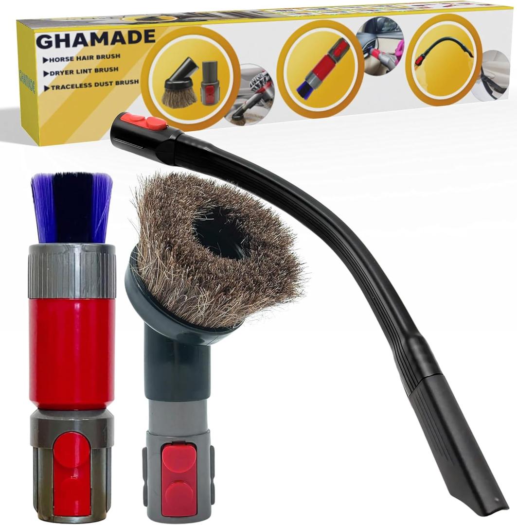 GHAMADE Vacuum Attachments & Brushes for Dyson V7 V8 V10 V11 V15 Gen5: Flexibible Crevice Tool, Horsehair Vacuum Attachment, Traceless Dust Brush (Home, Car Detailing & Corner Cleaning Set)