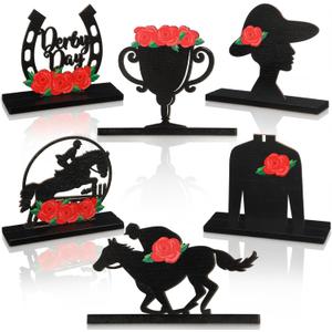 Novabright 6 Pcs Derby with Rose Table Decorations Signs Horse Racing Party Decorations Wooden Horse Racing Table Centerpieces 3D Derby Tiered Tray Decor for Home Office Decor Holiday Party Supplies