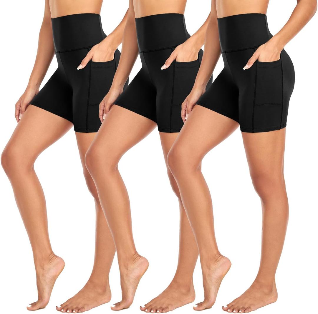 MOREFEEL 3 Pack Biker Shorts Women with Pockets  5" Tummy Control High Waisted Workout Gym Yoga Athletic Shorts (Large-X-Large)
