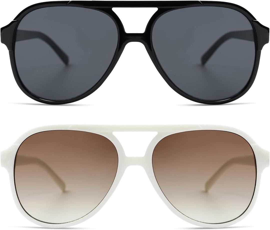 Retro Trendy Square Aviator Sunglasses Womens Mens 70s Classic Vintage Oversized Sun Glasses AR82174 (Black+cream White)