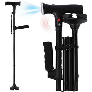 Ready Walker Cane, Cane for Men & Women, 3-in-1 Folding Cane with Alarm and Light, Adjustable, Free Standing, Collapsible Walking Stick for Seniors Balance with a Second Handle, for 5'8" - 6'3"