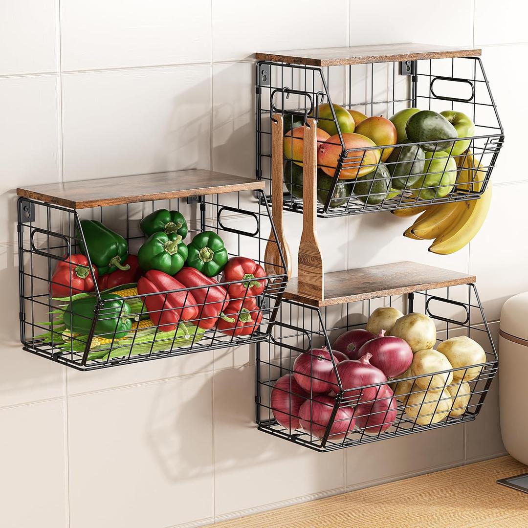 Delamu 3 Pack Stackable Metal Fruit Basket with Wood Lid-Wall Mounted&Countertop Organizer for Kitchen,Pantry- Ventilated Storage for Onions, Potatoes, Fruits, Spices, Black