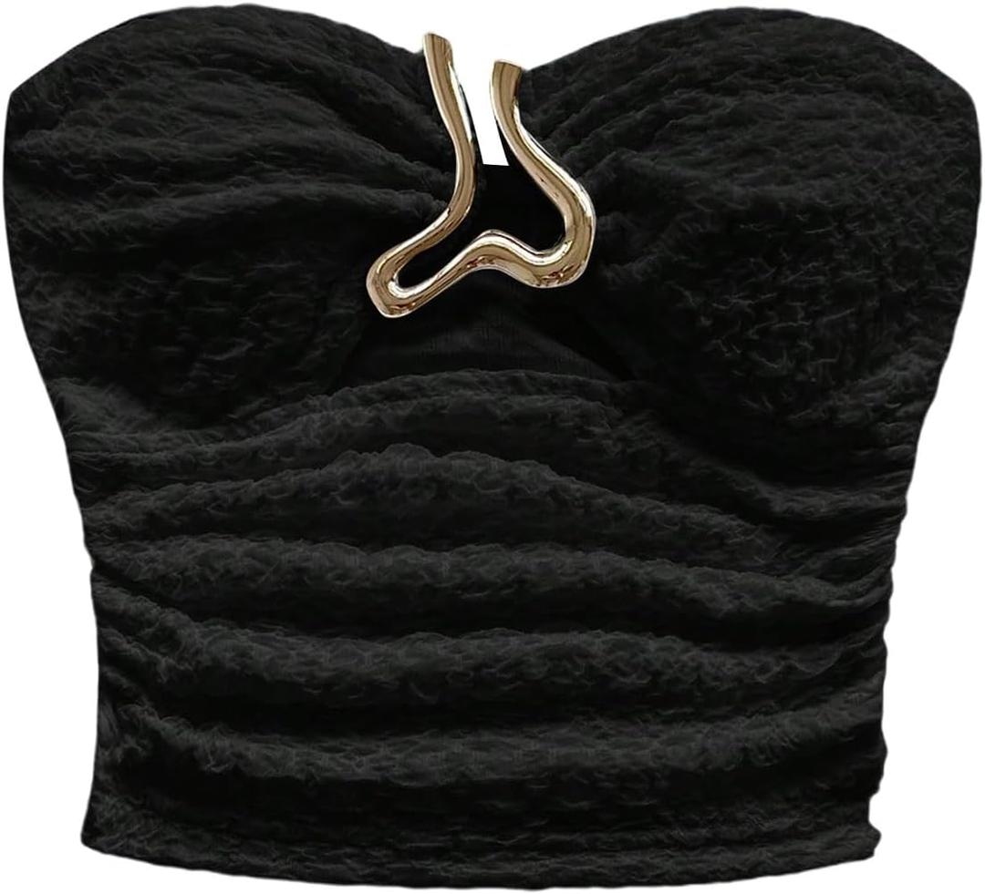 MakeMeChic Women's Bandeau Strapless Tube Top Backless Ruched Summer Sexy Cute Going Out Tops (Black, XS)