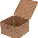 Wicker Shelf Baskets with Lid, Handwoven Seagrass Storage Basket Bins Square Gift Boxes for Shelves Home Decor Organizer (Coffee, Small)