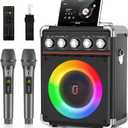 HWWR Karaoke Machine for Adults with 2 UHF Wireless Microphones, Portable Bluetooth Speaker PA System with 5 Adjustment Knobs, Supports Live Stream Port, Vocal Remover, TWS, Gift for Kids, Party Black