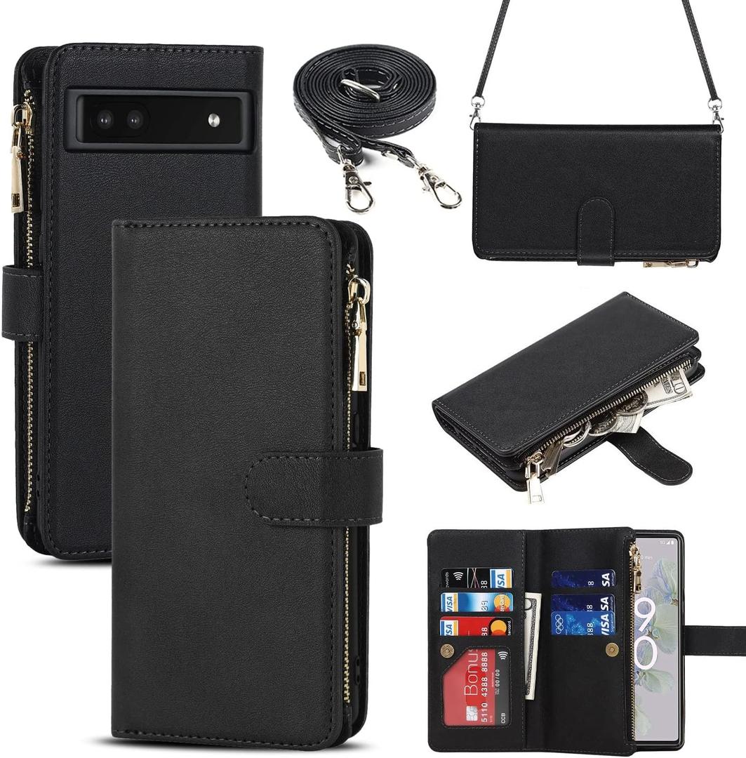 iCoverCase for Google Pixel 6a Wallet Case with Card Holder, Kickstand Feature PU Leather Case with Adjustable Crossbody Lanyard Magnetic Clasp Zipper Pocket Flip Cover (Black)