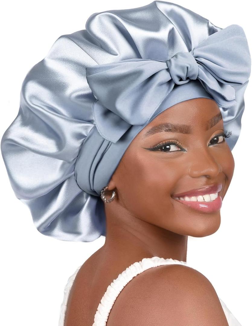 YANIBEST Adjustable Satin Bonnet for Sleeping Women Double Layer Hair Wrap Reduce Friction Prevent Frizz Natural Curly Hair (Large, Blue)