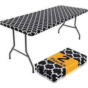 1 Pack Rectangle Table Cloth 6 Foot, Waterproof Elastic Fitted Tablecloths, Windproof Washable Polyester Table Cover for Picnic, Camping, Outdoor (Black, 30"x72")
