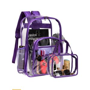 forstree 2 Pieces Heavy Duty Clear Backpack, Purple PVC Waterproof Bag With Cosmetic Bag, See Through Book Bag With Lunch Bag, Stadium Approved, Reinforced Strap, School, Work, Women, Men, Boy, Girl