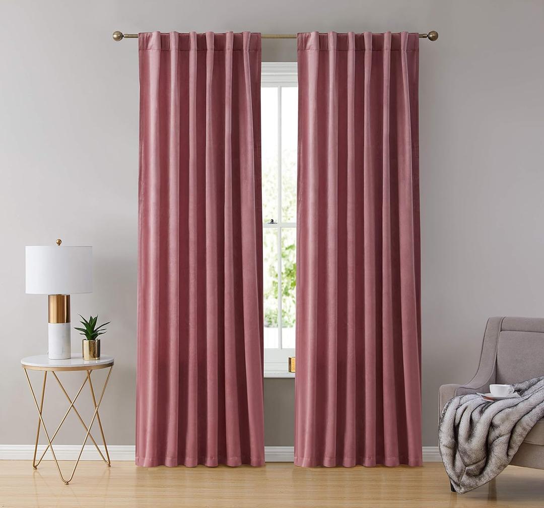 HLC.ME Lopez Velvet Curtains - Premium - Velvet Drapes, Back Tab Rod Pocket Window Treatment Curtain Drapery Panels for Bedroom & Living Room - Set of 2 Panels (54 x 84 inches Long, Blush Pink)