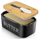 Butter Dish with Lid: Large Butter Dish for Countertop - Ceramic Butter Keeper Container with Knife and High Quality - Silicone Sealing Butter Box for Home Decor Good Kitchen Gift Black