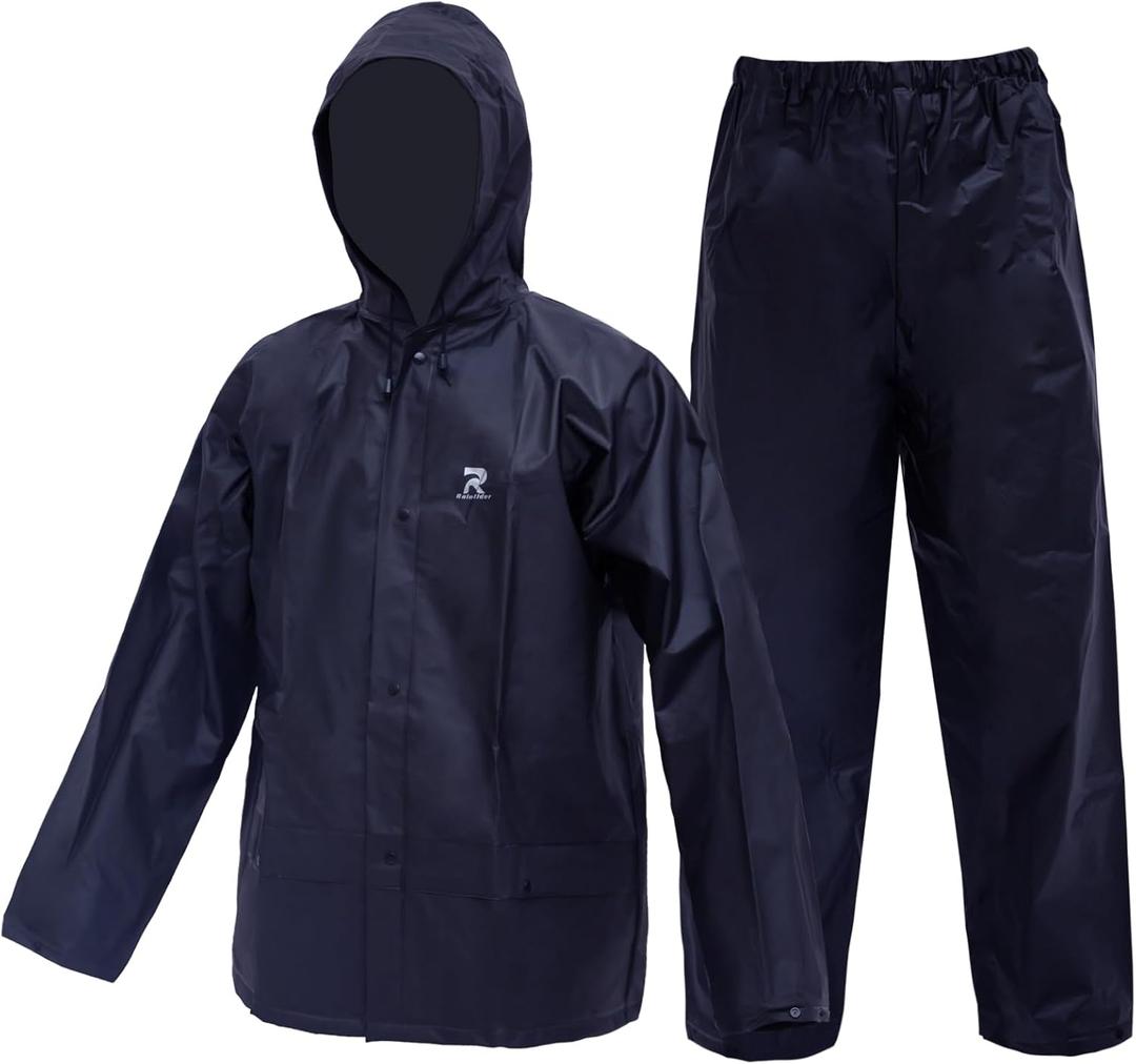 Ultra-Lite Rain Suit for Men Women Durable Protective Rainwear Waterproof Rain Coat Rain Gear for Farming, Hiking (Large, Navy)