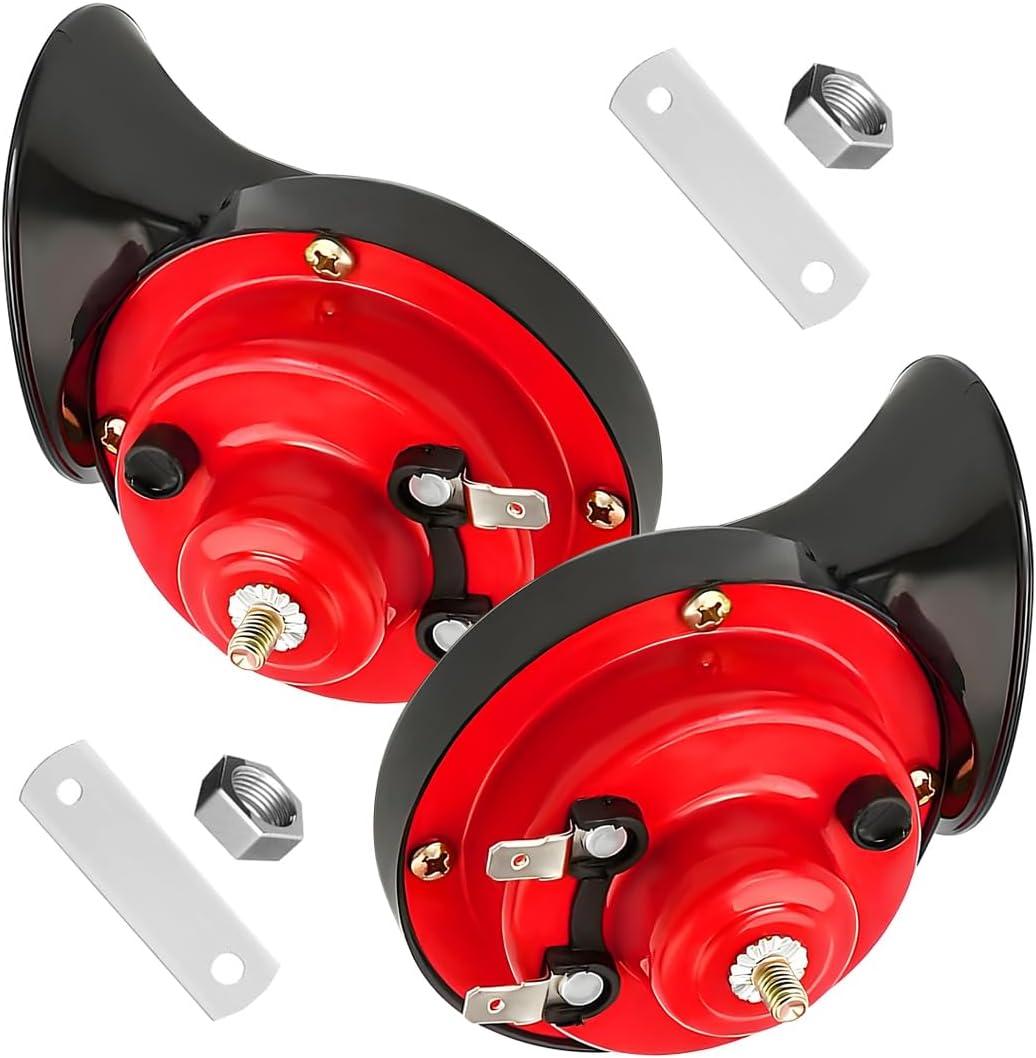 KVAEY Super Loud Car Snail Horns, 12V 300DB Durable Car Horn Kit, High Low Tone Universal Waterproof Car Air Electric Snail Horn, Vehicle Air Horn Replacement for Motorcycle Truck (Red, 2 PCS)