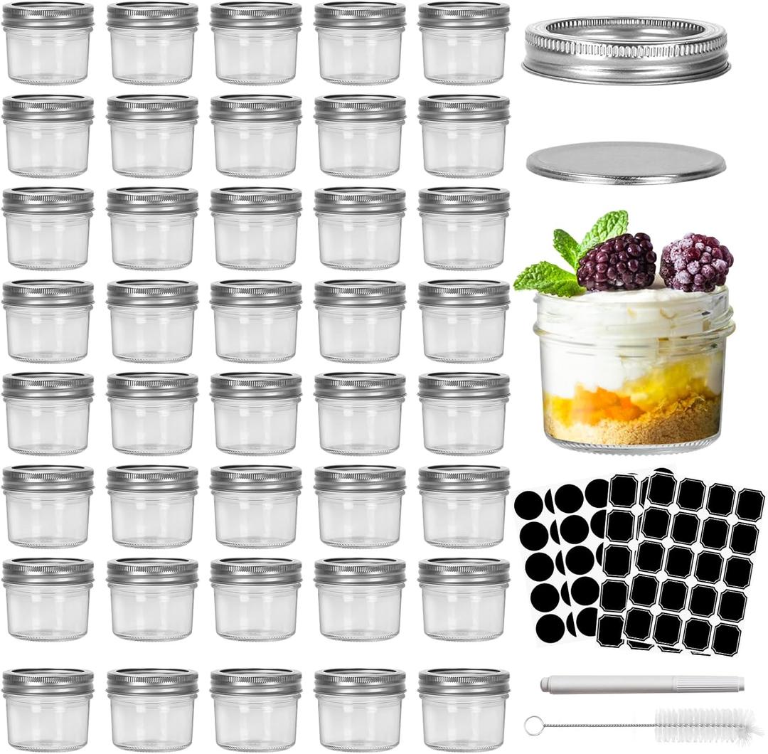 CycleMore 4oz Clear Mason Jars Small Glass Jar With Silver Separable Lids Mini Canning Jars for for Honey, Jam, Jelly, Wedding Favors, Kitchen Food Storage, Set of 40