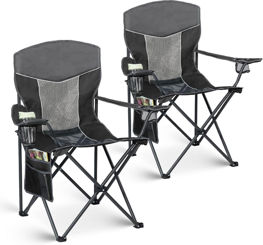 Outdoor Camping Chair 2-Pack with Mesh Back, Folding Portable Lawn Chairs with Cup Holder & Side Storage Pocket for Camping, Beach, Picnic, Fishing(Black)