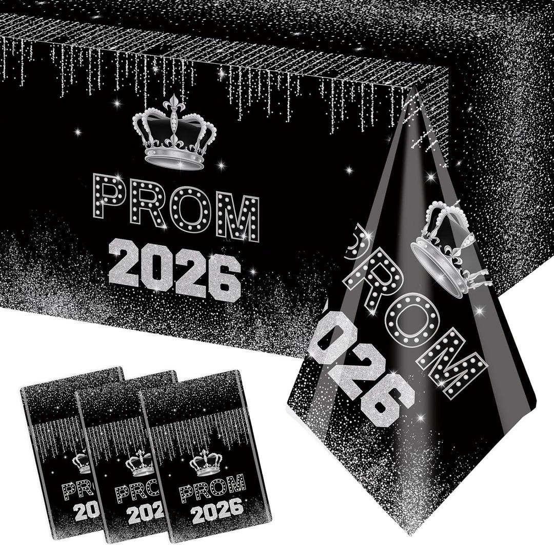 MEHOFOND Prom 2026 Tablecloth 3 Pack Black Silver Graduation Table Cover 54 x 108 Inch Disposable Plastic Prom Party Decorations Class of 2026 Prom Send Off Supplies