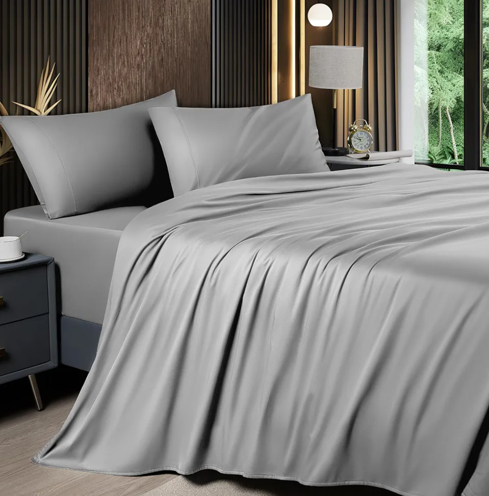 Shilucheng 4 Piece Queen Sheet Sets, Cooling Sheets, Blend Rayon Derived from Bamboo, Deep Pocket Up to 16", Breathable & Soft Bed Sheets, Hotel Silky Bedding Set, Grey