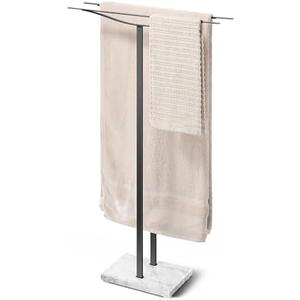Bathroom Towel Rack Freestanding Floor Stand: Black 36in 2‑Bar Weighted Marble Base Towel Holder, Rustproof 304 Stainless Steel Drying Rack for Bath&Hand Towels, No‑Drill Slim Organizer, Spa Pool