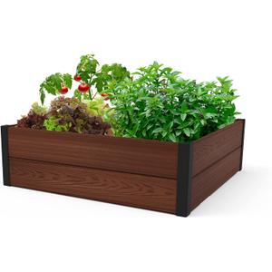 Keter 48" X 48" inches Wood Look Raised Garden Bed, Durable Outdoor Herb Garden Planter for Vegetables, Flowers, and Succulents, Brown