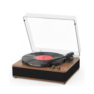3-Speed Vinyl Record Player Sleek Bluetooth Turntable Full-Size Platter with Bluetooth Input/Output, Built-in Speakers, Counterweight & Auto-Stop with RCA/AUX Out, Tan