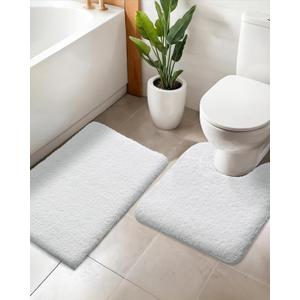ILANGO 2 Piece Bathroom Rugs Bath Mat Set, Dries Quickly,Non Slip Fluffy Shaggy Bath Washable Mats with U-Shaped Toilet Rug Set for Bathroom,Tub,Toilet (White,17" x 24" + 22" x 24")