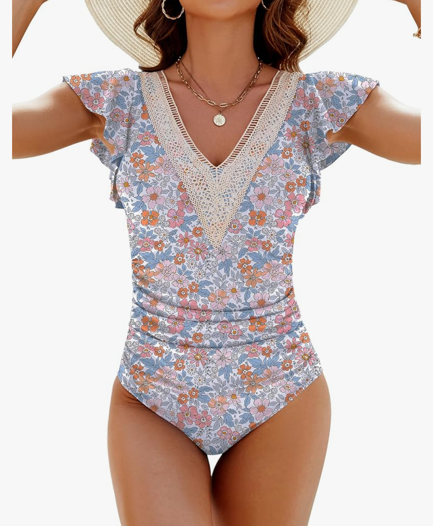 Blooming Jelly Womens Tummy Control Bathing Suits Slimming Ruffle Swimsuit One Piece Lace Swimwear M