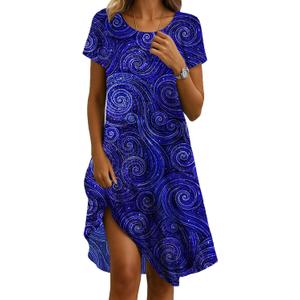 Womens Sundress 2025 Summer Boho Floral Short Sleeve Crewneck Midi Dress Casual A-Line Flowy Knee Lenth Dress with Pocket (M)
