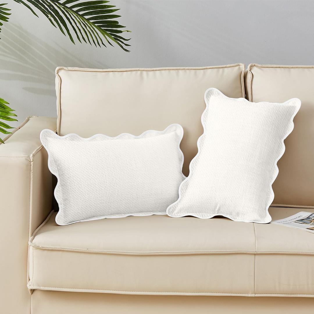 Scalloped Pillow Covers Set of 2 for Living Room | Spring Decorative Sofa Couch Lumbar Pillows | Boho Sytle Decorative Home | Aesthetic Funky Preppy Pillow Cases (Beige & White, 12x20 Inch)