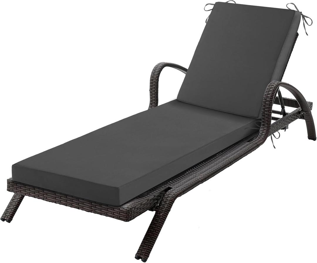 Chaise Lounge Cushions Outdoor, 72x 21x 3 Inch Waterproof & Fade-Resistant Lounge Chair Cushion, Outdoor Chaise Cushion with Removable Cover & Ties for Lawn, Patio, Pool & Beach, Dark Grey