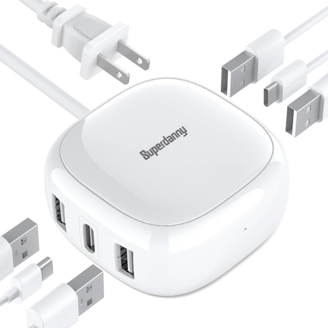 SUPERDANNY 6-Port USB Charger, 40W 8A Mini USB Charging Station, Charging Station for Multiple Devices, 4ft Cable, Compatible with iPhone, iPad, Galaxy, Pixel, for Travel, Cruise, White