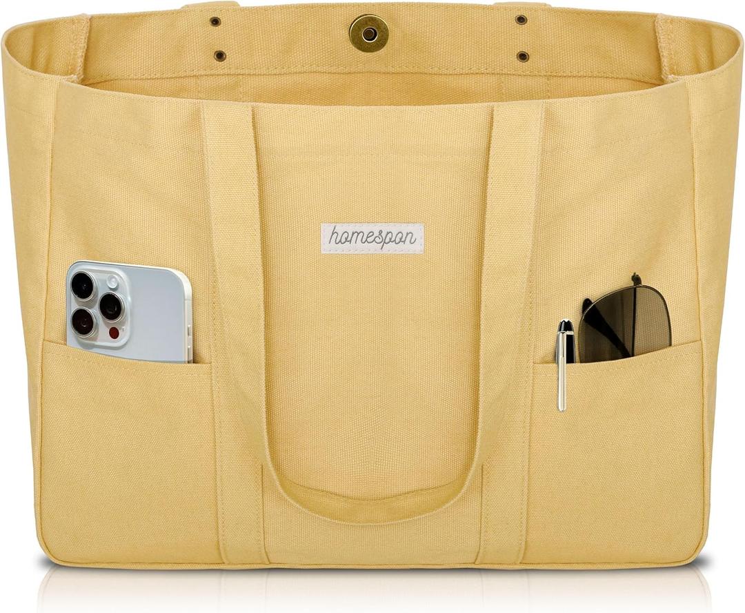 HOMESPON Large Canvas Tote Bag for Women Everything Bag with Pockets and Laptop Sleeve (Yellow)