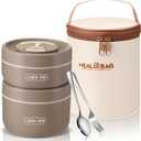 Dandat 2 Pcs Insulated Lunch Containers Thermal Bento Box with Bag Fork Knife Microwavable Stainless Steel Lunch Box 15.2 oz 21 oz Separate Stackable Thermal Food Jar for Adult Men Women (Khaki)