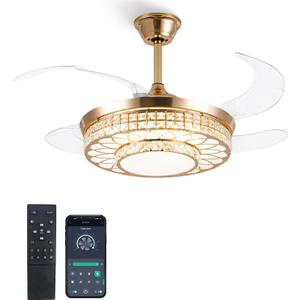 42" Retractable Ceiling Fans with Lights, Crystal Chandelier Ceiling Fan with Remote & APP Control, Modern Dimmable LED Fandelier for Living Room, Dinning Room, Bedroom (Gold)