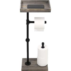 MyGift Vintage Gray Wood and Industrial Metal Pipe Freestanding Toilet Paper Roll Holder Dispenser Stand with Reserve Storage and Top Shelf Tray