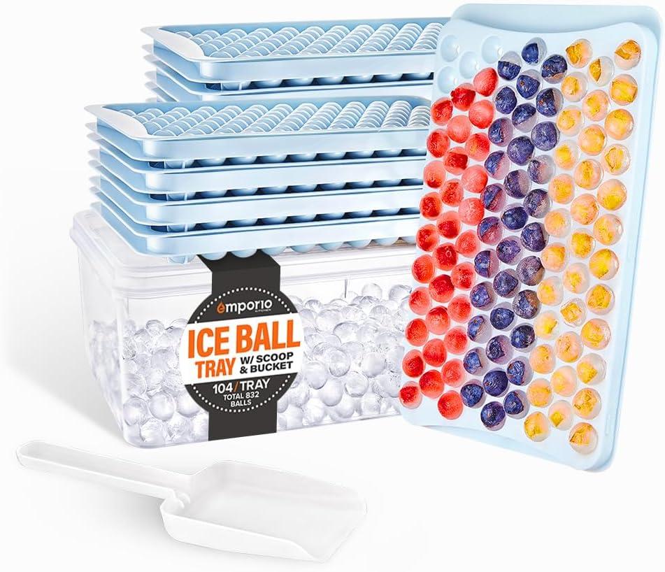 Round Ice Cube Tray with Lid and Bin  Creates 832 Ice Balls (0.60 Inch Size), Stackable Ice Cube Trays, Easy-Release Ice Balls for Drinks and Cocktails, Pack of 2 (8 Trays), Blue